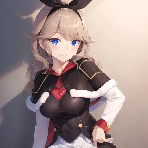 (masterpiece, best quality:1.2),illustration,8k,hd,1girl,solo,upper body,(portrait:1.2),dorsetshire (azur lane),black hairband,black legwear,black ribbon,black skirt,blue eyes,blush,boots,medium breasts,brown footwear,capelet,hair ribbon,hairband,light brown hair,long hair,long sleeves,miniskirt,ribbon,skirt,smile,wavy hair,zettai ryouiki,<lora:Dorsetshire(azur):0.8>,