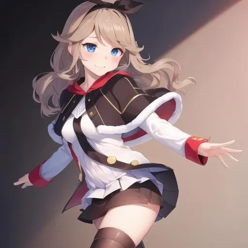 (masterpiece, best quality:1.2),illustration,8k,hd,1girl,solo,cowboy shot,dorsetshire (azur lane),black hairband,black legwear,black ribbon,black skirt,blue eyes,blush,boots,medium breasts,brown footwear,capelet,hair ribbon,hairband,light brown hair,long hair,long sleeves,miniskirt,ribbon,skirt,smile,wavy hair,zettai ryouiki,<lora:Dorsetshire(azur):0.8>,