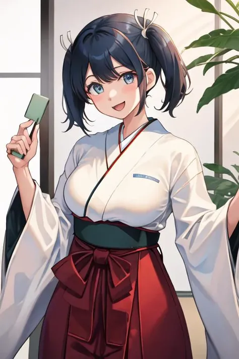 best quality, masterpiece, highres, solo, {white kimono:1.35}, {red hakama:1.35}, {wide sleeves:1.20}, {souryuu_kantaicollection:1.15}, blue_hair, twintails, ribbon, blue_eyes, hair_ribbon, breasts, blush, large_breasts, open_mouth, smile, short_hair
