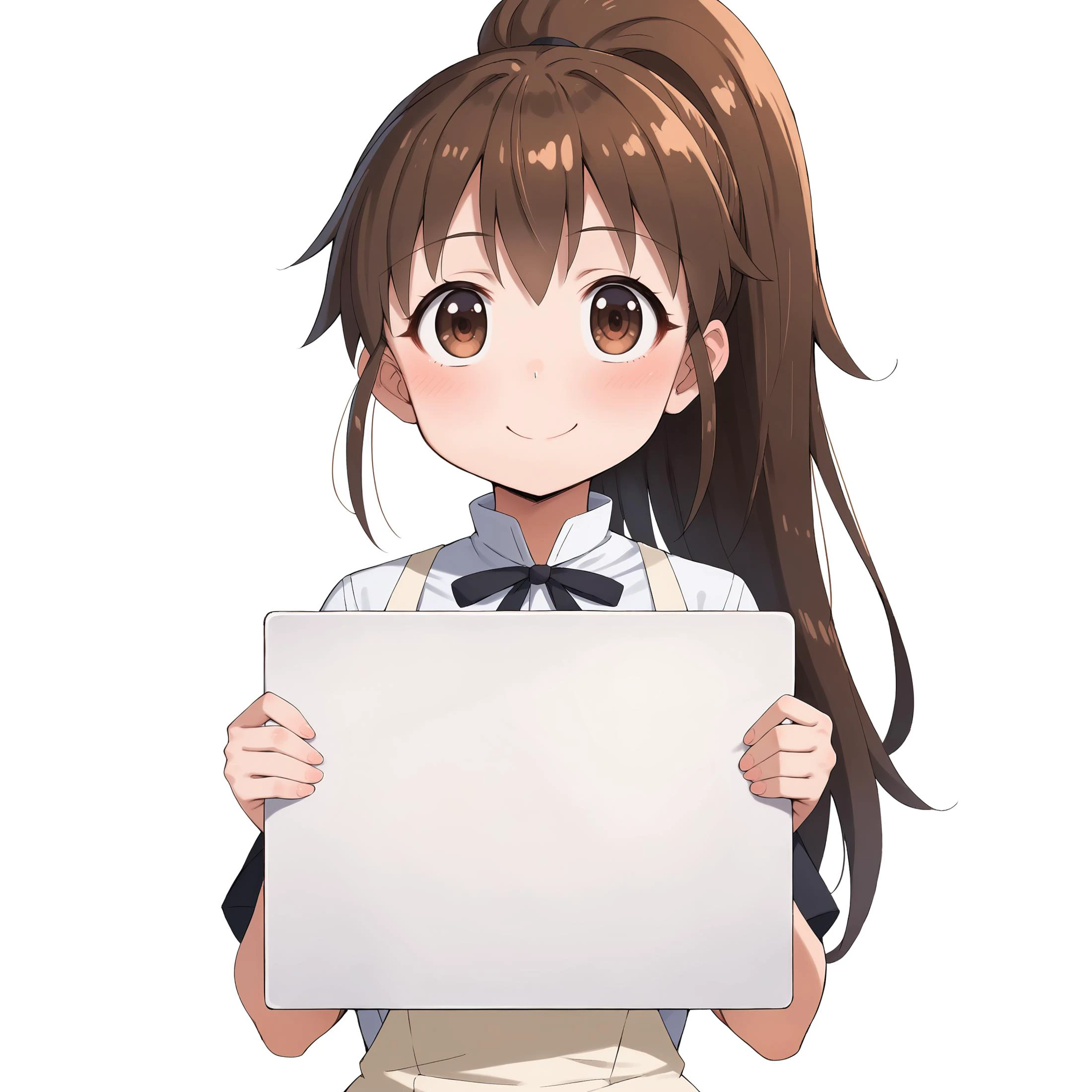 holding blank sign, upper body, smile, looking_at_viewer, portrait, score_9, score_8_up, score_7_up, score_6_up, score_5_up, score_4_up, source_anime, 1girl, popura-default, taneshima popura, brown eyes, brown hair, ponytail, long hair, white shirt, black skirt, apron, black socks, black loafers, isolated on white background, (by aaaa_(quad-a):1), (by jellytits:0.7), (by miyase_mahiro:0.7), <lora:taneshima popura_PONY_last:1> <lora:holding blank sign_P_XL:1>