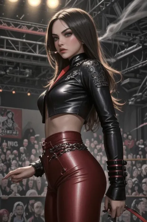tv_Meg_DeLacy_A_V1, , (CINEMATIC SHOT:1.4), (blow out hair:1.4) (Red eyeshadow, Black eyeliner, red lipstick:1.2) (lens flare:1.2) ((Photo Focus, DOF, Aperture, insanely detailed and intricate, character, hypermaximalist, elegant, ornate, beautiful, exotic, revealing, appealing, attractive, (amative:1.1), hyper realistic,( super detailed:1.1), heresy flares))(volumetric Red smoke:1.5) (RED CONCERT HALL:1.5)(Rock stage in the background:1.5) (FROWNING at viewer:1.3) (red T-Shirt:1.5) (Black Leather pants:1.7)(red Boots:1.5) (from the side:1.5), wrinkles:0.2, pores:0.2, <lora:epiNoiseoffset_v2Pynoise:1> Masterpiece, Best Quality, ultrarealistic , real life, colorful, amazing, perfect lighting, bright colors, dramatic, dynamic, cinematic lighting, hyperrealism, intricate details, epic, <lora:LCM_LoRA_Weights_SD15:1> <lora:detail_slider_v4:0.5> ,