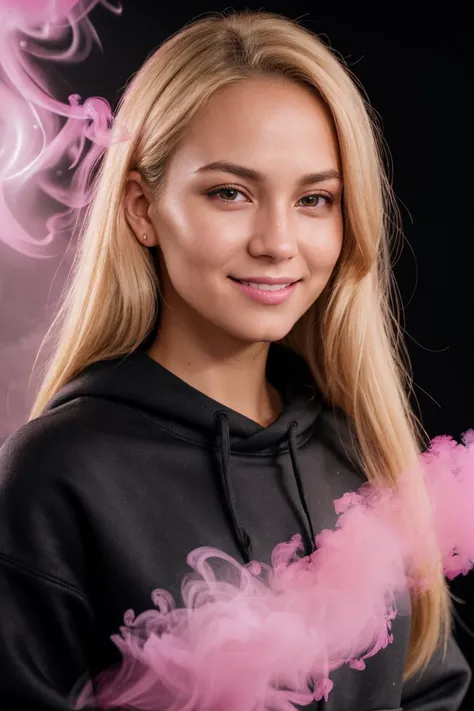 ((Black Theme, Black and Pink Backdrop)) (Close-Up Shot, Face Portrait:1.4) (Blonde:1.4) DV_Bella_Vicious is wearing (Blue Jeans and a Black sweatshirt :1.3), 35mm, F/2.8, ((Photo Focus, DOF, Aperture, insanely detailed and intricate, character, hypermaximalist, elegant, ornate, beautiful, exotic, revealing, appealing, attractive, amative, hyper realistic, super detailed, heresy flares)) (smiling at viewer)   (volumetric pink smoke:1.3) (pink lens flare:1.2)(sharpness:1.3)(details:1.3)