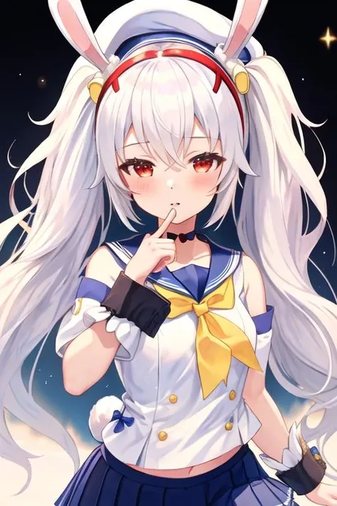 best quality, masterpiece, highres, solo, {laffey_azurlane:1.15}, animal_ears, rabbit_ears, red_eyes, twintails, white_hair, bangs, long_hair, hair_between_eyes, blush, hairband, fake_animal_ears, hair_ornament, collarbone, very_long_hair, red_hairband, 1girl, bare_shoulders, beret, blue_headwear, blue_shirt, bow, hair_bow, hat, red_bow, sailor_collar, sidelocks, white_sailor_collar, yellow_bow, detached_sleeves, shirt, choker, sleeveless, blue_choker, looking_at_viewer, school_uniform, serafuku, simple_background, sleeveless_shirt, white_background, blue_sleeves, bowtie, short_sleeves, parted_lips, upper_body, wrist_cuffs, yellow_bowtie, blue_skirt, closed_mouth, pleated_skirt, skirt