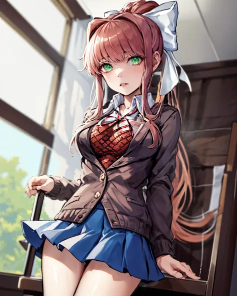 masterpiece, best quality, 1girl, beautiful eyes, Comfortable, bad girl, punk,
<lora:NSchoolgirl:1> NScoolGrl,  <lora:DDLC:1>  monika, blazer, brown sweater, collared shirt, neck ribbon, blue skirt, monika, green eyes, brown hair, very long hair, ponytail, hair ribbon, white ribbon,