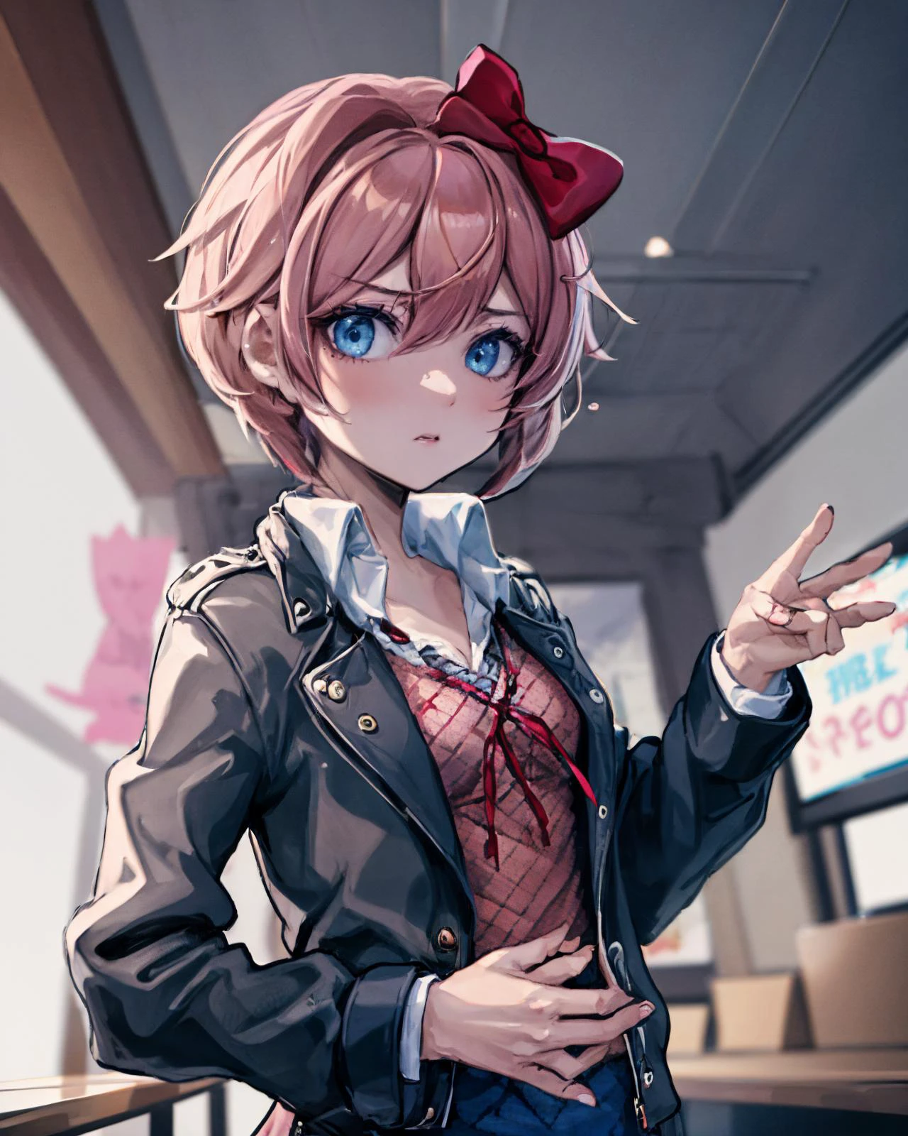 masterpiece, best quality, 1girl, beautiful eyes, Enthralled, bad girl, punk,
<lora:NSchoolgirl:1> NScoolGrl, <lora:ddlc:1> sayori, blue eyes, pink hair, hair bow, red bow,