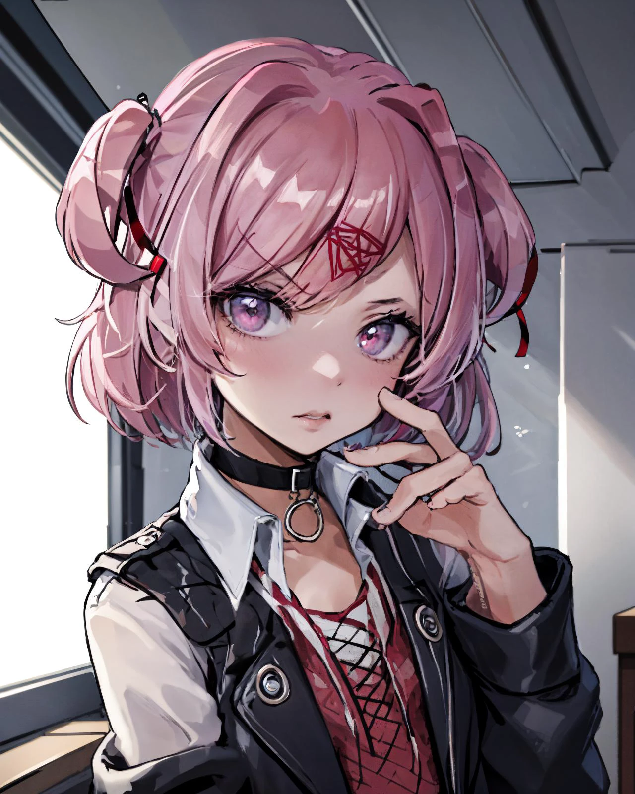 masterpiece, best quality, 1girl, beautiful eyes, Derisive, bad girl, punk,
<lora:NSchoolgirl:1> NScoolGrl, <lora:ddlc:1> natsuki, pink eyes, pink hair, two side up, hair ornament, hair ribbon, short hair,