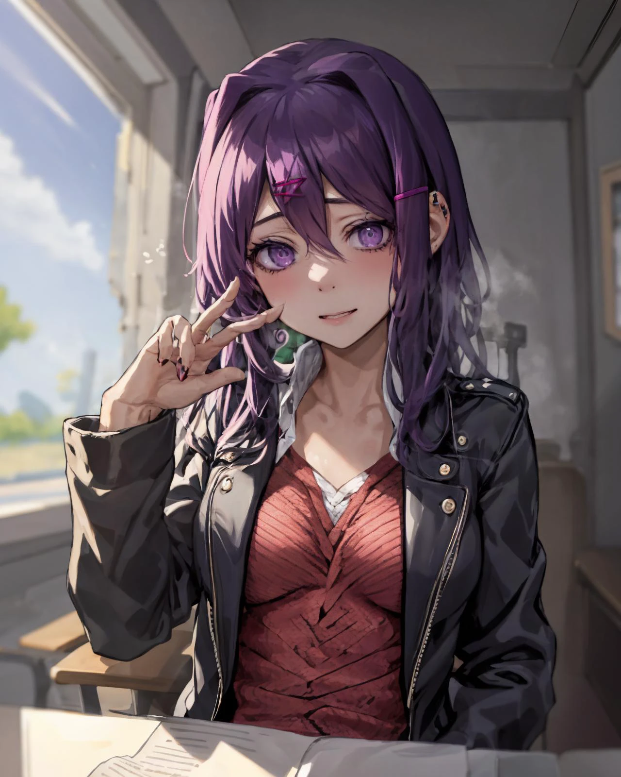 masterpiece, best quality, 1girl, beautiful eyes, Happiness, bad girl, punk,
<lora:NSchoolgirl:1> NScoolGrl, <lora:DDLC:1> yuri, purple eyes, purple hair, hair between eyes, hairclip