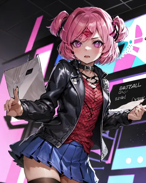 masterpiece, best quality, 1girl, beautiful eyes, Sarcasm, bad girl, punk,
<lora:NSchoolgirl:1> NScoolGrl,  <lora:ddlc:1> natsuki, pink eyes, pink hair, two side up, hair ornament, hair ribbon, short hair,