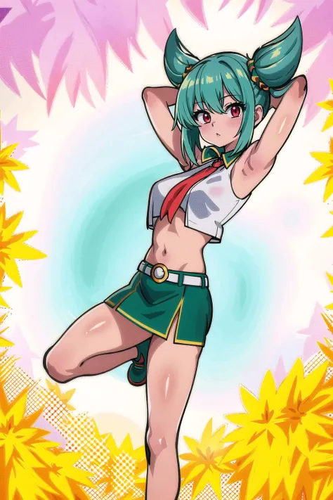 (masterpiece, best_quality, ultra-detailed, immaculate:1.3), epic, illustration, punk rocker girl, 1girl, full body, [:colorful, outlandish costume design,:0.2], official art, , punk hair, deep forest green hair, pixie cut,Twisted Mohawk, studio muted red-orange lighting from below, denim skirt, in a unpleasant, gothic wizard's laboratory, bombshell hair, pastel silver hair, Bun, arms behind head<lora:EnvyBeautyMix24:1>