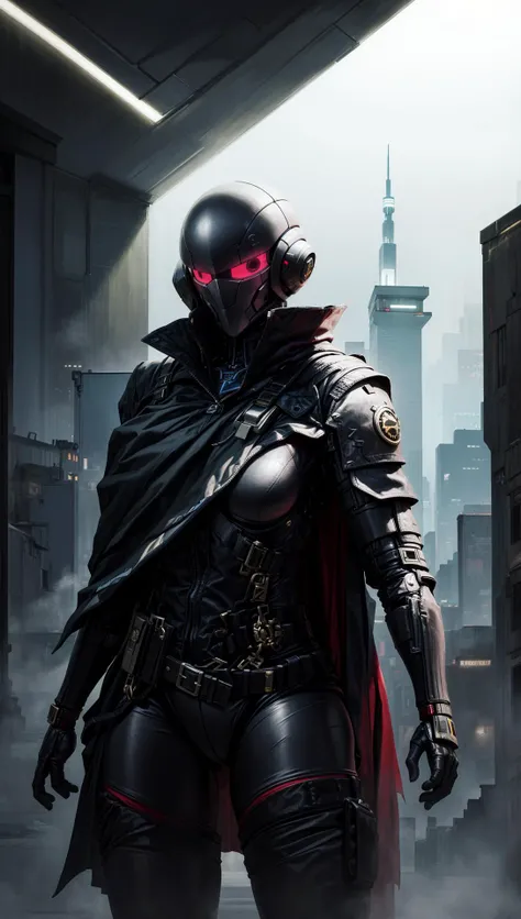 female, woman, cyberfusion, elite robot mercenary rogue wearing battle armor, chromatic cape, cyberpunk scene,dark fantasy atmosphere, <lora:EnvyBeautyMix24:0.6> <lora:adventurers_v1:0.4> <lora:cyberfusion_3Drender:0.5>