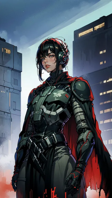 female, woman, cyberfusion, elite robot mercenary rogue wearing battle armor, chromatic cape, cyberpunk scene,dark fantasy atmosphere, <lora:EnvyBeautyMix24:0.6> <lora:adventurers_v1:0.4> <lora:cyberfusion_3Drender:0.5>