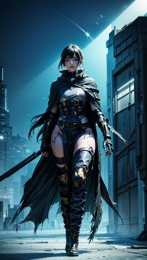 female, woman, cyberfusion, elite robot mercenary rogue wearing battle armor, chromatic cape, cyberpunk scene,dark fantasy atmosphere, <lora:EnvyBeautyMix24:0.6> <lora:adventurers_v1:0.4> <lora:cyberfusion_3Drender:0.5>