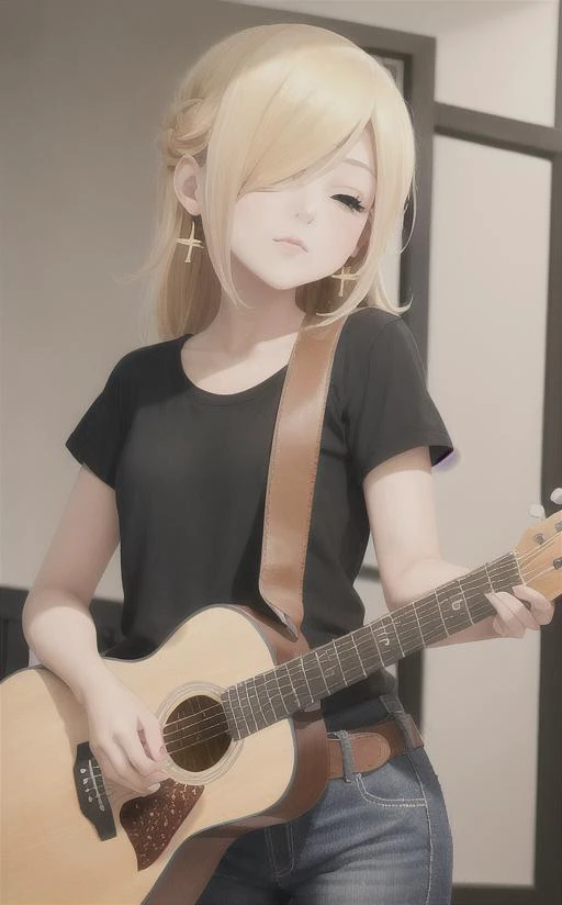 (masterpiece, best quality, absurdres),(<lora:rosalinany:1>), 1girl, solo, long hair:0.5, hair over one eye, (black shirt), short sleeve shirt, accoustic guitar, ((playing guitar)), (blonde hair), bracelet, blue jeans, belt, standing, black earrings, cross earrings, oasis , left handed, closed eyes, head tilted down