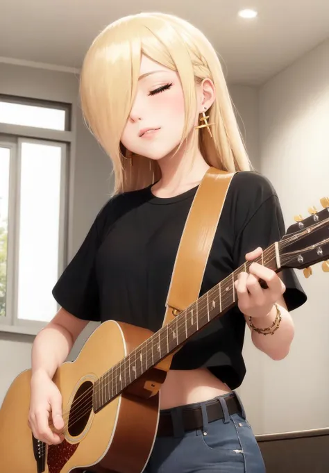 (masterpiece, best quality, absurdres), (<lora:rosalinany:1>), 1girl, solo, (blonde hair), (long hair:0.5), hair over one eye, (black shirt), crop top, blue jeans, belt, black earrings, cross earrings, bracelet, glasses, closed eyes, accoustic guitar, ((playing guitar)), standing, cafe , left handed, head tilt, (smile:0.5)