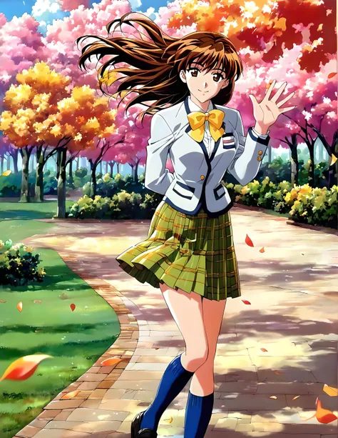 <lora:pony_xl_ryoko:0.8>,ryoko,score_9,score_8_up,score_7_up,source_anime,1girl,solo,looking at viewer,school uniform,blazer,white jacket,long sleeves,buttons,yellow bow,bowtie,pleated skirt,plaid skirt,green skirt,miniskirt,kneehighs,blue socks,black footwear,park,day,looking_at_viewer,smile,standing,waving,arm_behind_back,hair fluttering in the wind,available light,nature,the dappled sunlight that filters through the leaves of trees,sunny weather writing,lens_flare,