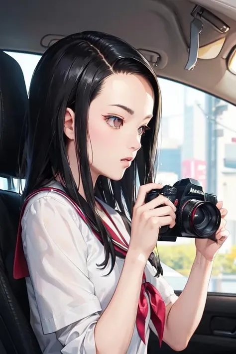 <lora:0013Akiyomi:1>,kiyomi,serafuku,holding camera,solo,