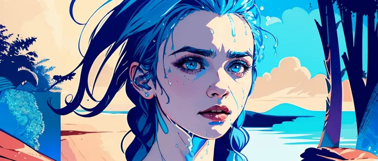 cinematic film still of wet haired girl, blue eyes, fear of the dark, realistic, <lora:jinxlol.z1tz:1>, jinx, league of legends, masterpiece, flat colors, <lora:lineart + flat colors v2:1.5>