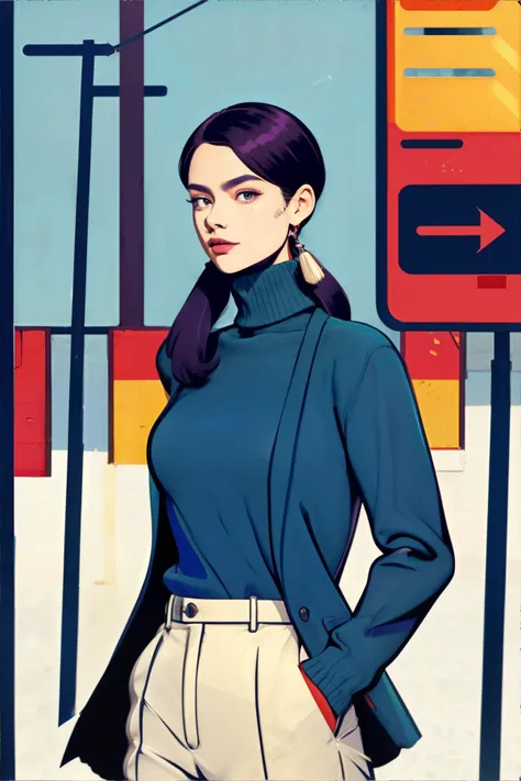 <lora:lineart_flatcolors:1.0>, lineart, flat colors, woman wearing Members Only jacket, turtleneck sweater, slacks, loafers with tassels || masterpiece, perfect quality, sharp focus, shallow depth of field, 8k