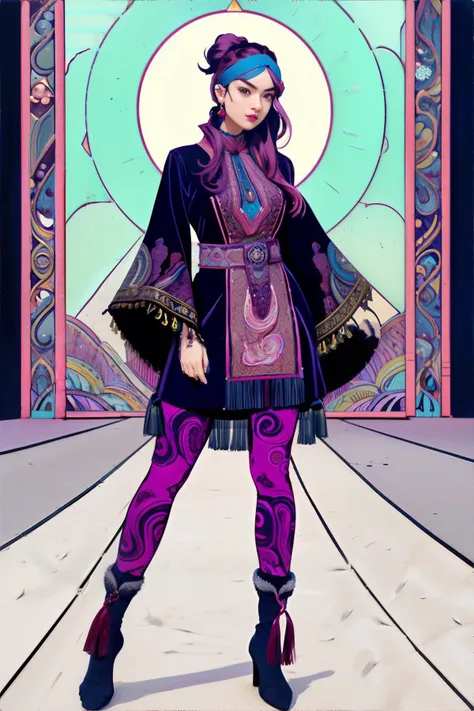 <lora:lineart_flatcolors:1.0>, lineart, flat colors, woman wearing paisley tunic, velvet leggings, ankle boots with fringe, wide headband || masterpiece, perfect quality, sharp focus, shallow depth of field, 8k