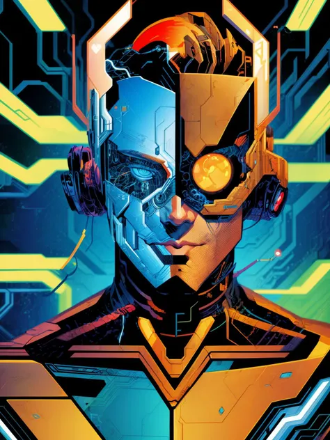 cyborg man connected to cyberspace, science fiction, three fourth perspective, high tech, line art, (flat colors), masterpiece, high quality, 8k, best_quality, <lora:lineart + flat colors v2:1>, <lora:more_details:1>
