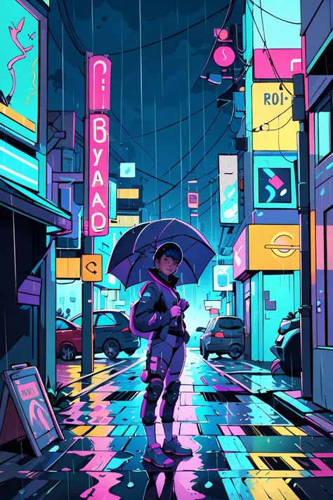 cyberpunk street, beautiful, masterpiece, realistic, standing, (smile:0.7), (rain:1.2), street, lineart, flat colors, <lora:lineart + flat colors v2:1> line art
