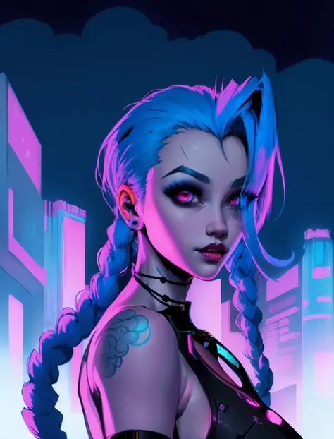 1girl, cyberpunk city, night ciry, realistic, science fiction, flat colors, <lora:lineart + flat colors v2:1.0>, jinx \(league of legends\), <lora:jinxlol.z1tz:1>, beautiful, (cute:1.4)