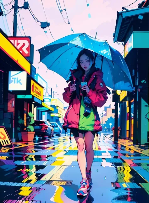 1girl, beautiful, masterpiece, realistic, standing, (smile:0.7), (rain:1.2), street, lineart, flat colors, <lora:lineart + flat colors v2:1.4>, line art