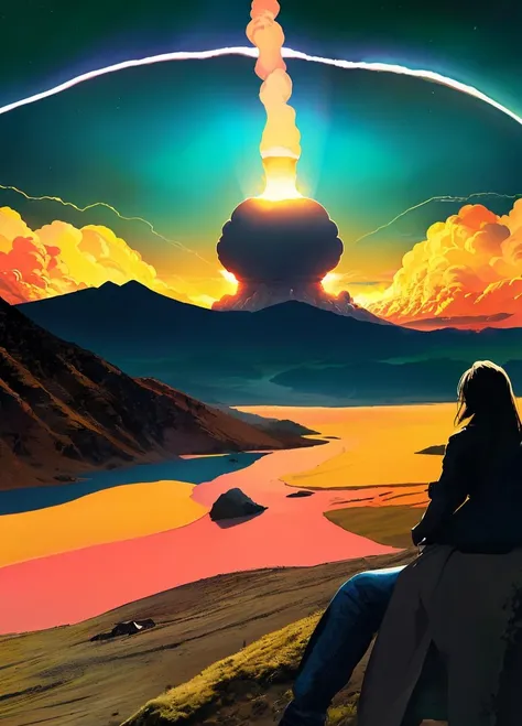 1girl, epic landscape, nuclear explosion, masterpiece, realistic, flat colors, <lora:lineart + flat colors v2:1>