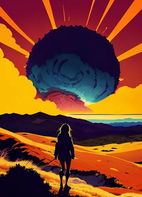 1girl, epic landscape, nuclear explosion, masterpiece, realistic, flat colors, <lora:lineart + flat colors v2:1>