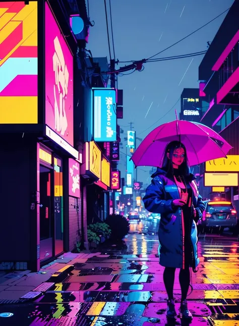 cyberpunk street, beautiful, masterpiece, realistic, standing, (smile:0.7), (rain:1.2), street, lineart, flat colors, <lora:lineart + flat colors v2:1.6> line art