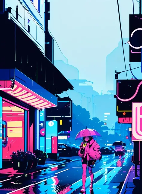 cyberpunk street, beautiful, masterpiece, realistic, standing, (smile:0.7), (rain:1.2), street, lineart, flat colors, <lora:lineart + flat colors v2:1.7> line art