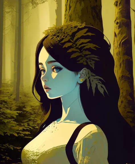 1girl, 25 years old,  beautiful forest, (detailed:1.3),masterpiece, realistic,  dark, flat colors, <lora:lineart + flat colors v2:1.0>,