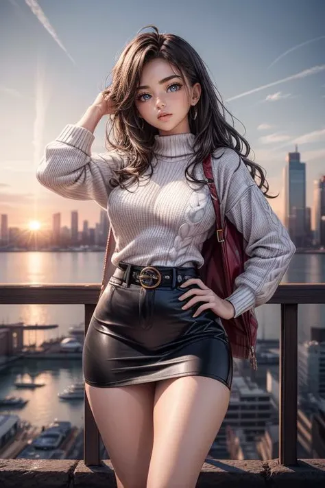 S239_AliyaKiss wearing (cream colored wool sweater:1.3), (skintight blue skirt:1.2), large belt, posing for picture, hand on hip, hand in hair, high heels, long wavy hair, perfect big eyes, looking at viewer, round breasts, wide hips, city skyline background, beach background, sunset, see through, toned thighs, <lora:add_detail:1> bokeh, shallow depth of field, vignette, highly detailed, cinemascope, moody, epic, gorgeous, film grain, <lora:breastsizeslideroffset:0.1>