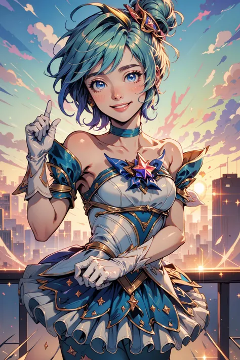 (Masterpiece:1.4), (best quality:1.2), <lora:StarGuardian_Sera_Ori-000015:1>, star guardian orianna, blue hair, hair bun, ballerina, short dress, white gloves, smile, upper body, cowboy shot