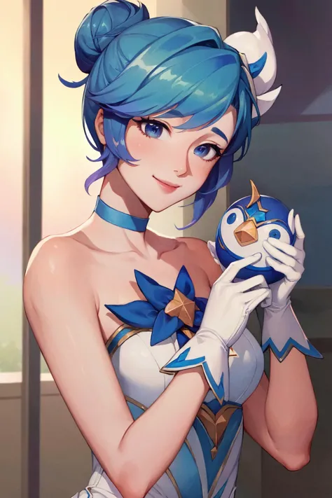 (Masterpiece:1.4), (best quality:1.2), <lora:StarGuardian_Sera_Ori-000015:1>, star guardian orianna, blue hair, hair bun, ballerina, short dress, white gloves, smile, upper body, potrait