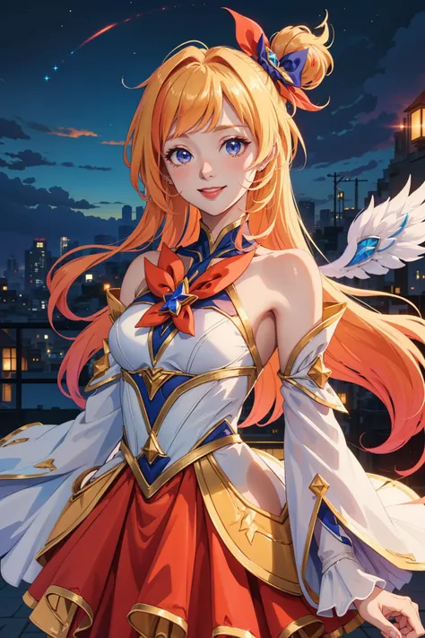 (Masterpiece:1.4), (best quality:1.2), <lora:StarGuardian_Sera_Ori-000015:0.8>, star guardian seraphine, blonde hair, orange hair, multicolored hair, multicolored clothes, dress, hair bow, detached sleeves, smile, upper body, cowboy shot