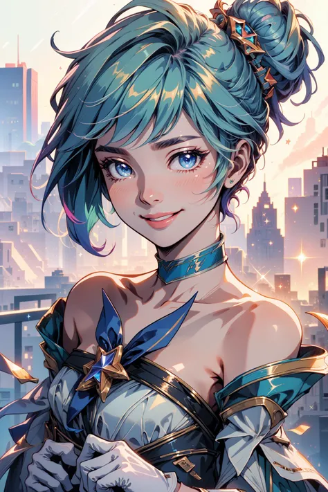 (Masterpiece:1.4), (best quality:1.2), <lora:StarGuardian_Sera_Ori-000015:1>, star guardian orianna, blue hair, hair bun, ballerina, short dress, white gloves, smile, upper body, potrait