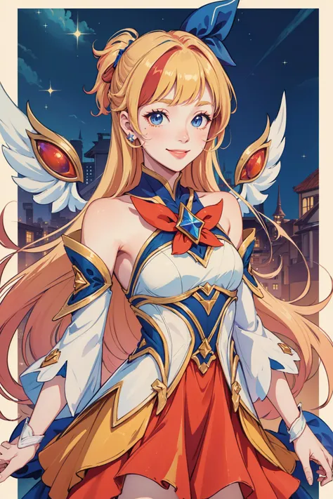 (Masterpiece:1.4), (best quality:1.2), <lora:StarGuardian_Sera_Ori-000015:0.8>, star guardian seraphine, blonde hair, orange hair, multicolored hair, multicolored clothes, dress, hair bow, detached sleeves, smile, upper body, cowboy shot