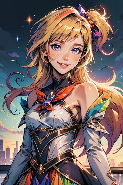 (Masterpiece:1.4), (best quality:1.2), <lora:StarGuardian_Sera_Ori-000015:1>, star guardian seraphine, blonde hair, orange hair, multicolored hair, multicolored clothes, dress, hair bow, detached sleeves, smile, upper body, potrait