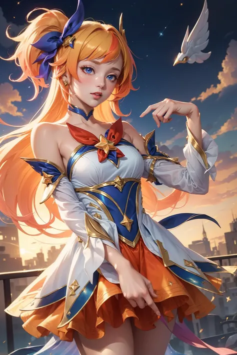 (Masterpiece:1.4), (best quality:1.2), <lora:StarGuardian_Sera_Ori-000015:0.8>, star guardian seraphine, blonde hair, orange hair, multicolored hair, multicolored clothes, dress, hair bow, detached sleeves, magical girl, upper body, cowboy shot