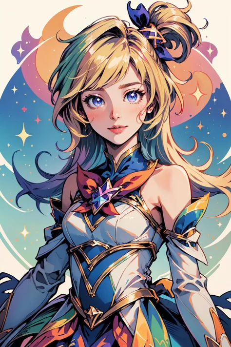 (Masterpiece:1.4), (best quality:1.2), <lora:StarGuardian_Sera_Ori-000015:1>, star guardian seraphine, blonde hair, multicolored hair, multicolored clothes, dress, hair bow, detached sleeves, magical girl, upper body, potrait