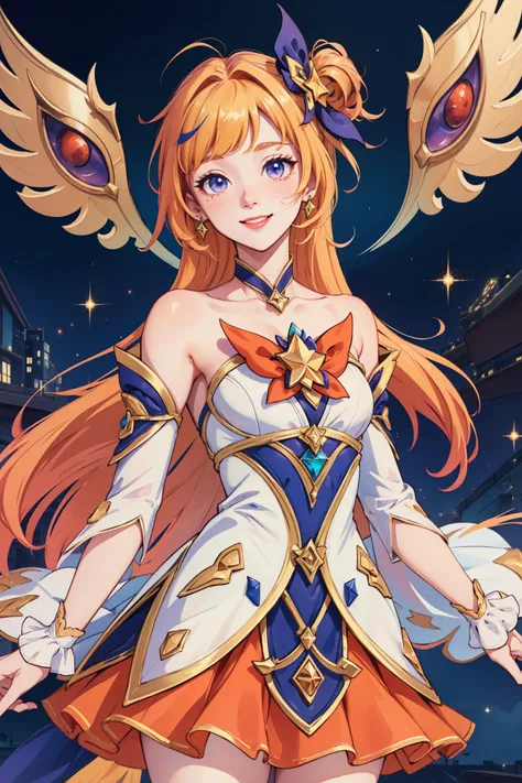 (Masterpiece:1.4), (best quality:1.2), <lora:StarGuardian_Sera_Ori-000015:0.8>, star guardian seraphine, blonde hair, orange hair, multicolored hair, multicolored clothes, dress, hair bow, detached sleeves, smile, upper body, cowboy shot