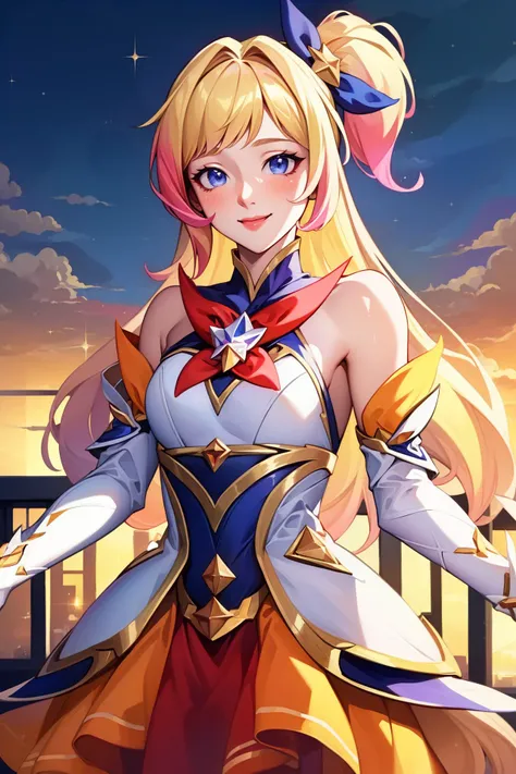 (Masterpiece:1.4), (best quality:1.2), <lora:StarGuardian_Sera_Ori-000015:1>, star guardian seraphine, blonde hair, multicolored clothes, dress, hair bow, detached sleeves, smile, closed mounth, upper body, cowboy shot