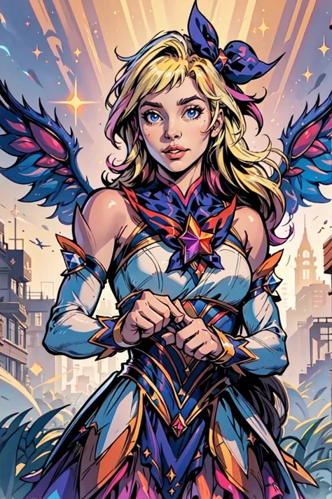 (Masterpiece:1.4), (best quality:1.2), <lora:StarGuardian_Sera_Ori-000015:1>, star guardian seraphine, blonde hair, multicolored hair, multicolored clothes, dress, hair bow, detached sleeves, magical girl, upper body, potrait