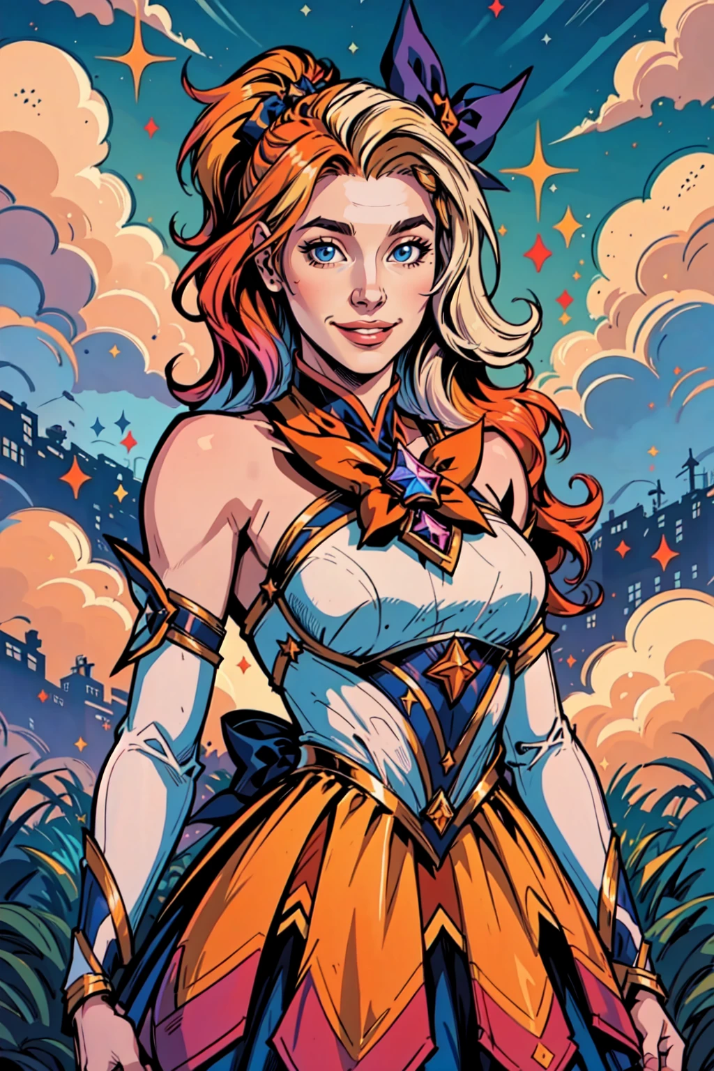 (Masterpiece:1.4), (best quality:1.2), <lora:StarGuardian_Sera_Ori-000015:0.8>, star guardian seraphine, blonde hair, orange hair, multicolored hair, multicolored clothes, dress, hair bow, detached sleeves, smile, upper body, cowboy shot