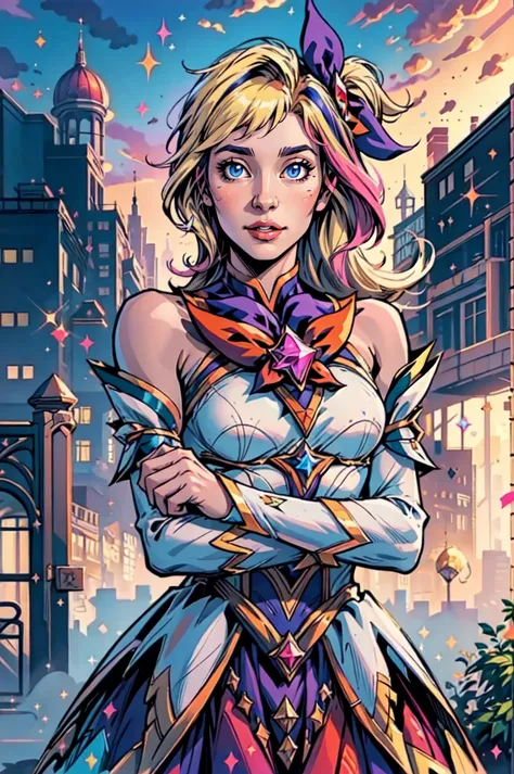 (Masterpiece:1.4), (best quality:1.2), <lora:StarGuardian_Sera_Ori-000015:1>, star guardian seraphine, blonde hair, multicolored hair, multicolored clothes, dress, hair bow, detached sleeves, magical girl, upper body, potrait