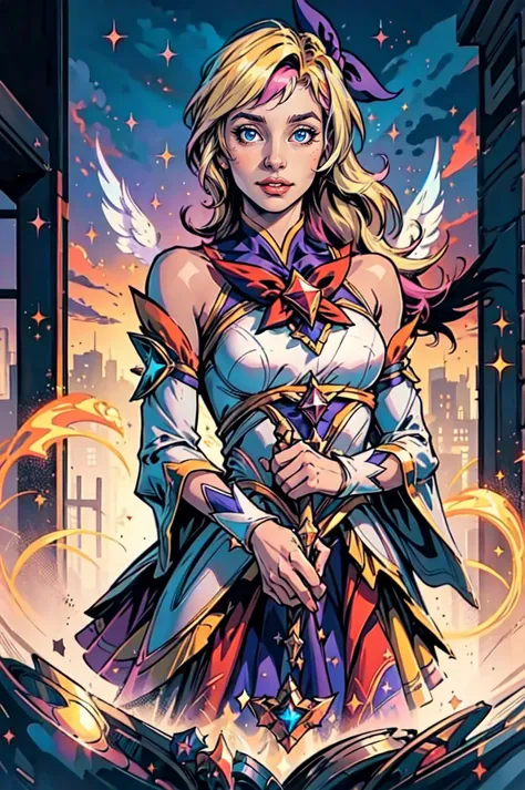 (Masterpiece:1.4), (best quality:1.2), <lora:StarGuardian_Sera_Ori-000015:1>, star guardian seraphine, blonde hair, multicolored hair, multicolored clothes, dress, hair bow, detached sleeves, magical girl, upper body, potrait