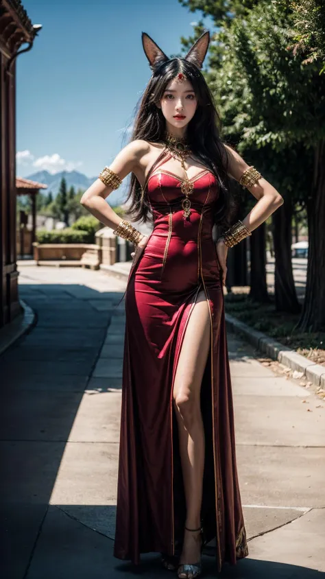 best quality,HDR,UHD,8K,Vivid Colors,solo,front view,photo_(medium),(looking at viewer:1.2),(1girl:1.3),
<lora:add_detail:0.8>,cowboy shot,outdoors,blue sky,standing,hands on hips,<lora:Queen of Sheba:0.75>, Queen of Sheba,