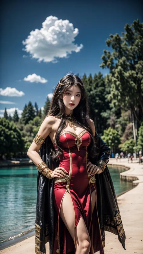best quality,HDR,UHD,8K,Vivid Colors,solo,front view,photo_(medium),(looking at viewer:1.2),(1girl:1.3),
<lora:add_detail:0.8>,cowboy shot,outdoors,blue sky,sitting,hands on hips,<lora:Queen of Sheba:0.75>, Queen of Sheba,