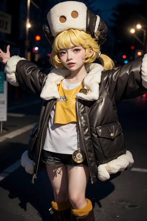 <lora:Hook:0.9> <lora:LowRA:0.1> hooksama, 1girl, solo, long hair, looking at viewer, blush, blonde hair, shirt, gloves, long sleeves, hat, twintails, jacket, yellow eyes, boots, parted lips, open clothes, shorts, black gloves, :o, open jacket, fur trim, white headwear, black shorts, outstretched arms, brown jacket, fur hat